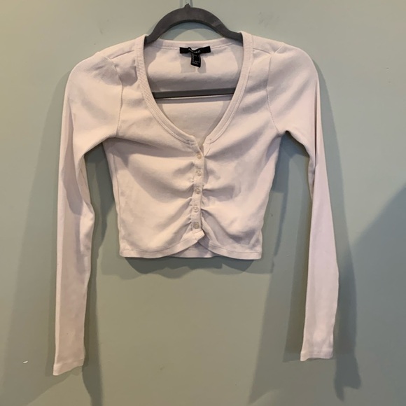 Forever 21 Ribbed Cropped Long Sleeve Henley T-Shirt White Women’s Small - Picture 1 of 5
